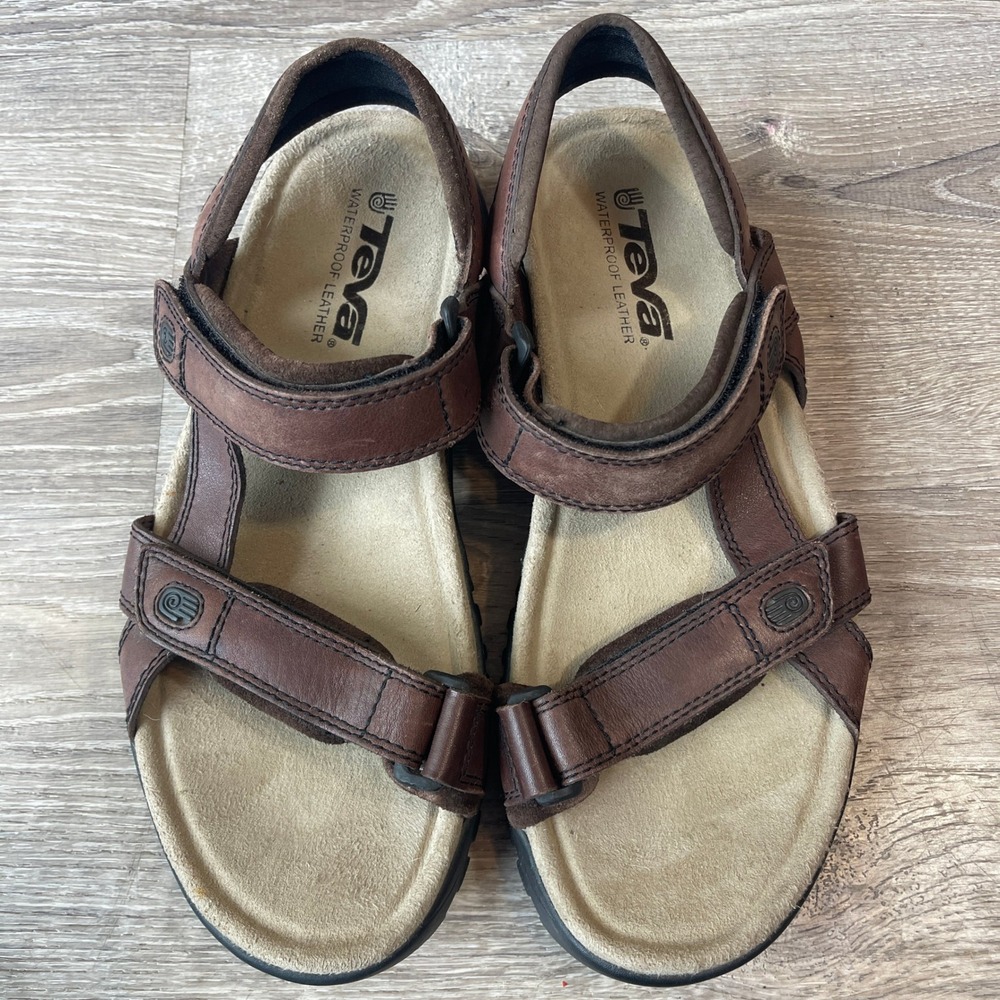 Teva Tanza Brown Waterproof Leather Sport Sandals Mens 12 S/N 6591